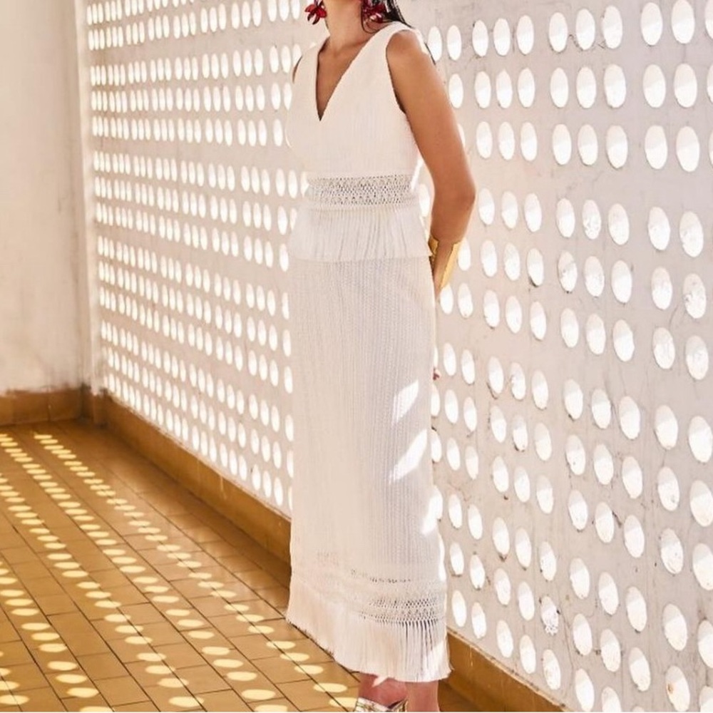 Sarah Santos NWT ivory lace v-neck top and maxi skirt with fringe detail.